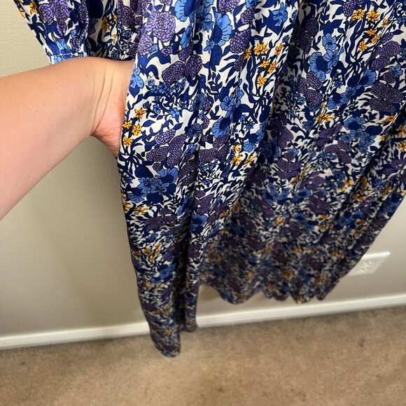 J.Crew Floral V-neck Midi Dress Size XS Blue Smocked Waist Work Wedding Event - Picture 8 of 12
